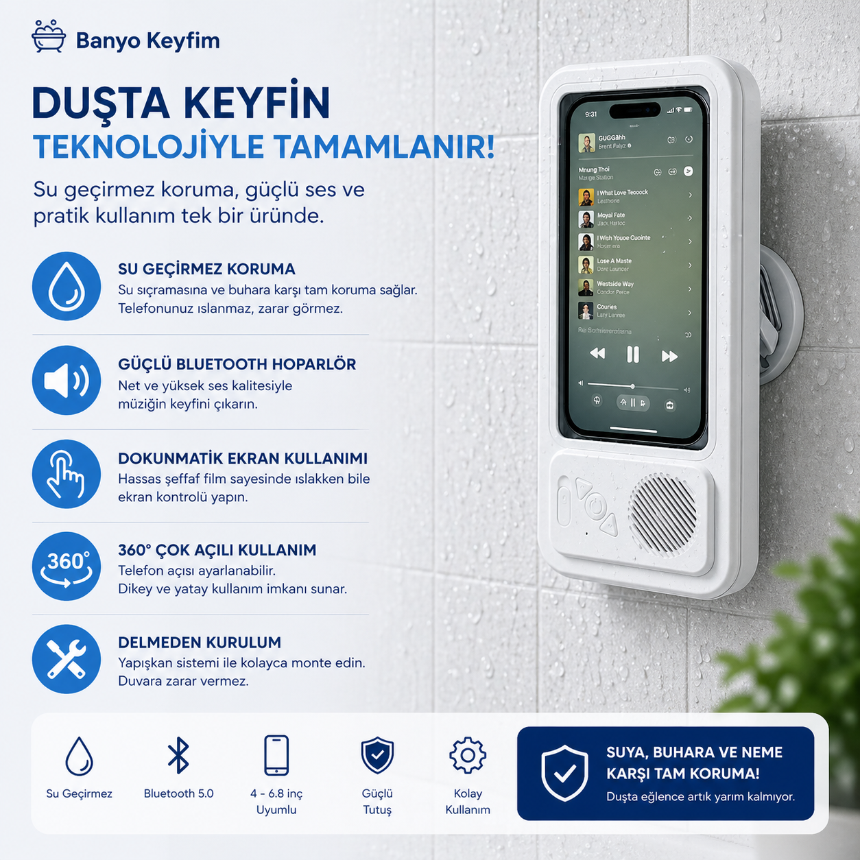 Su Geçirmez Bluetooth Duş Telefon Kutusu